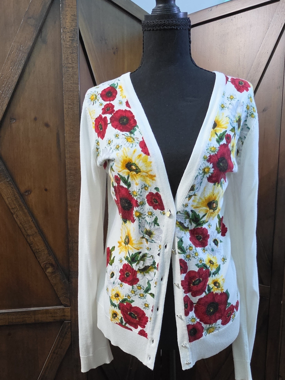 Zenana Outfitters White Cardigan with Red & Yellow Floral Embroidery